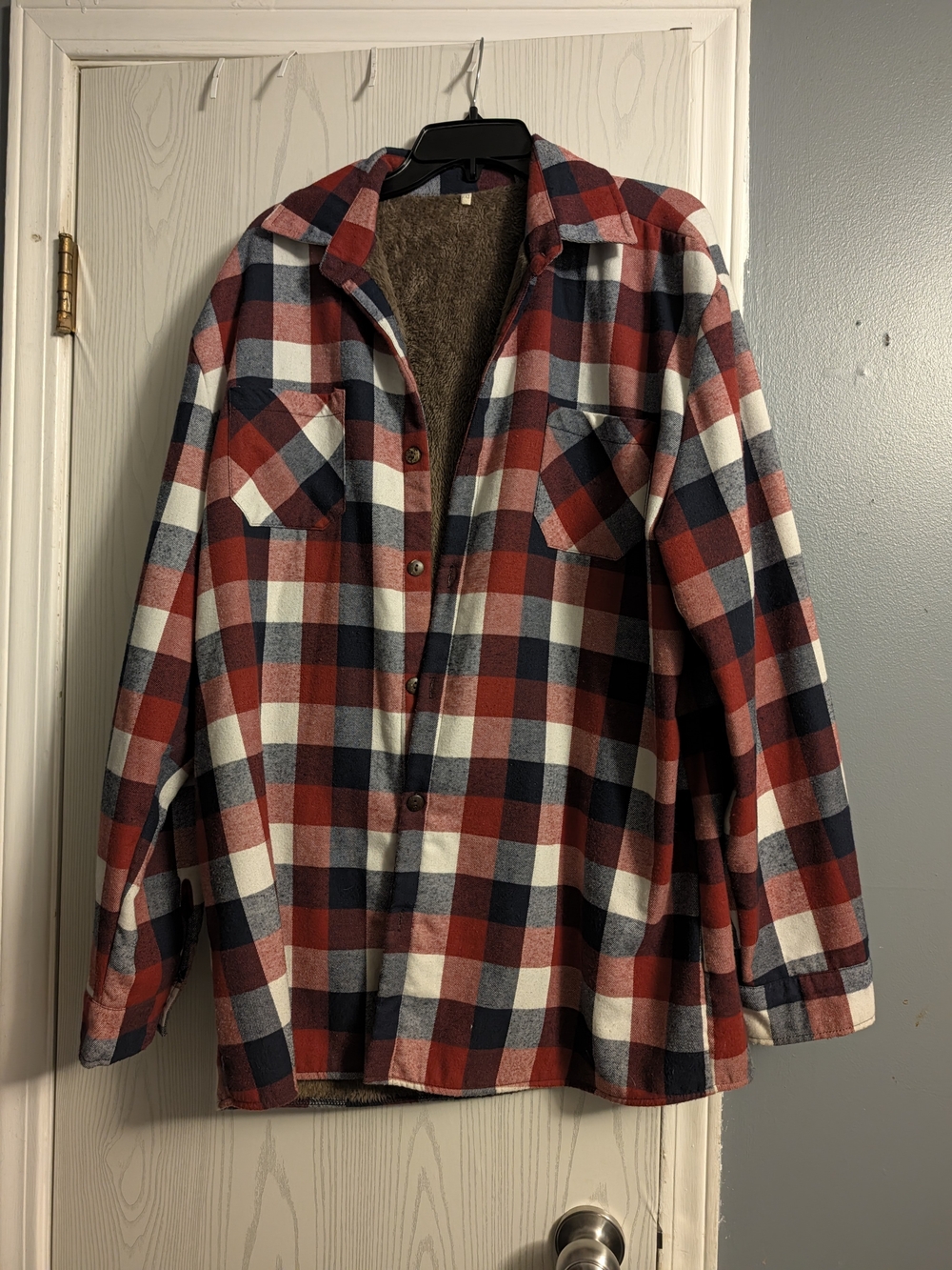 Men's Red Navy White Plaid Sherpa-Lined Shirt Jacket